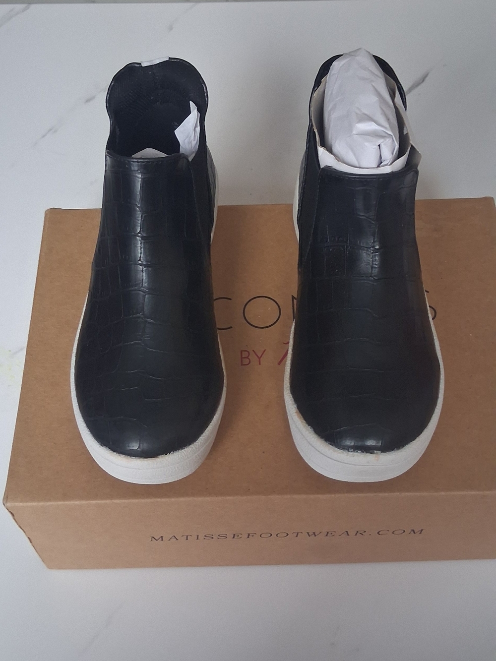 Matisse Black Croc-Embossed Slip-On Sneakers with White Platform